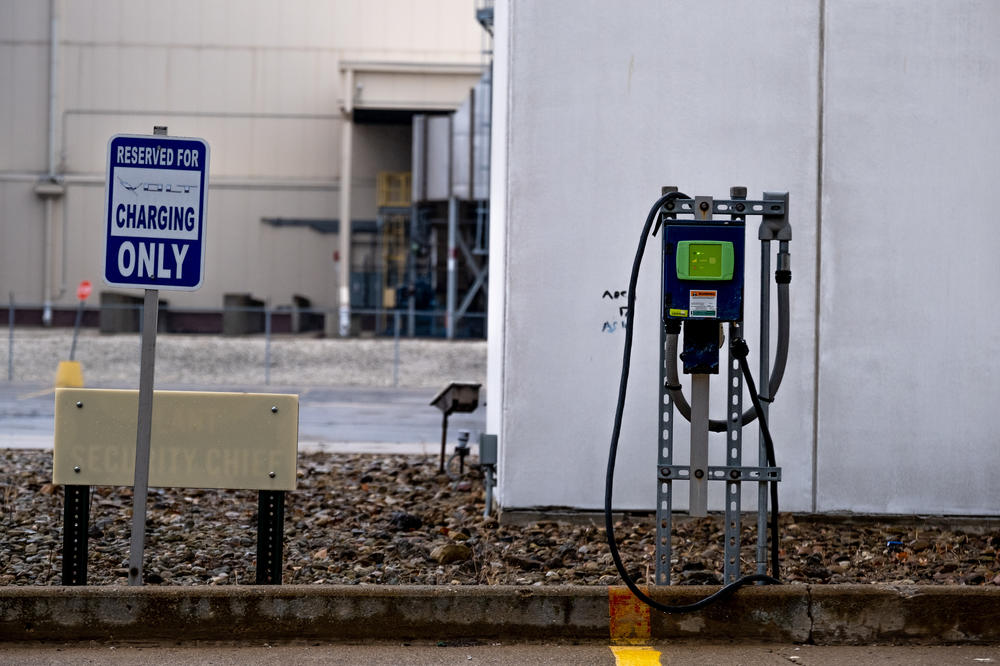 A vehicle charging station is seen in the parking lot of the Lordstown Motors vehicle body facility.