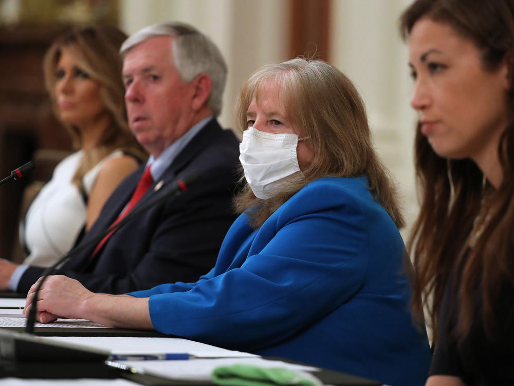 The president of the American Academy of Pediatrics, Dr. Sally Goza, attends a meeting at the White House with President Trump, students, teachers and administrators about how to safely reopen schools during the coronavirus pandemic.