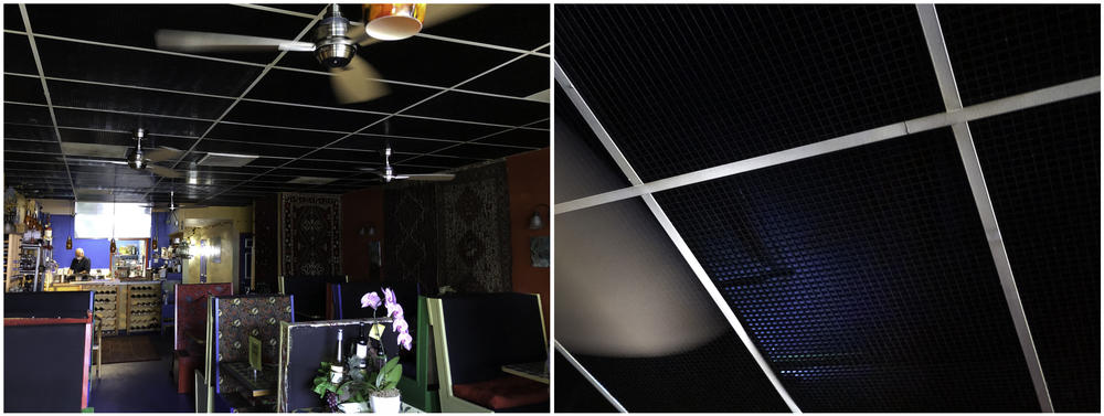 Left: The inside of Marlaina's Mediterranean Kitchen, a Seattle-area eatery. Right: The faint blue glow of ultraviolet fixtures mounted above the restaurant's ceiling panels create a 