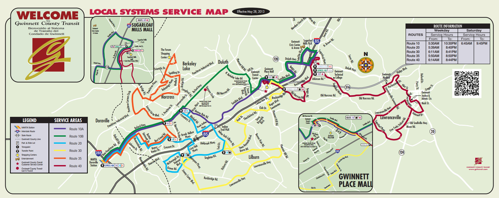 The six local bus routes offered by Gwinnett County Transit. 