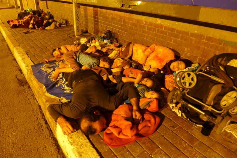 Syrian refugees sleeping under a bridge in Istanbul, Turkey.