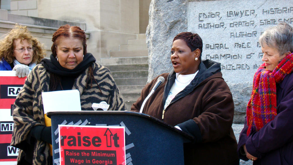 In 2008, the Georgia Minimum Wage Coalition, a participating member of the Let Justice Roll living wage coalition, leaders hold a press conference in Atlanta, Georgia.