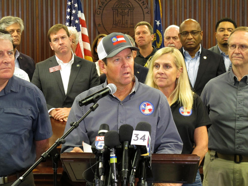 Gov. Brian Kemp discusses evacuations and emergency plans for Hurricane Dorian during a news conference Monday, Sept. 2, 2019, in Savannah, Ga.