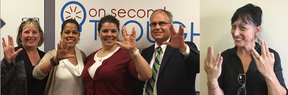 In honor of the 50th anniversary of Star Trek, the Breakroom panel does the Vulcan 'live long and prosper' sign. L-R: Kathy Lohr, Roxanne Donovan, Celeste Headlee, Jeff Breedlove, and Jessica Leigh Lebos.