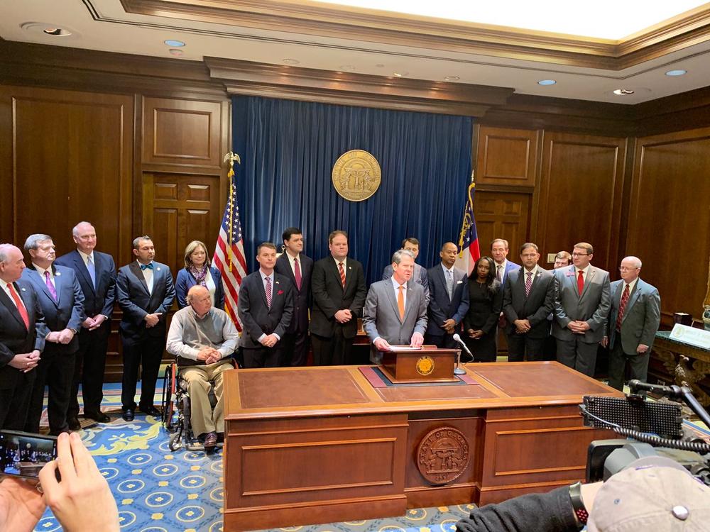 Gov. Brian Kemp speaking during a press conference Tuesday, February 12, 2019 at the State Capitol.