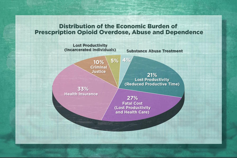 Distribution of the national economic burden of prescription opioid overdose, abuse, and dependence based on 2013 data.