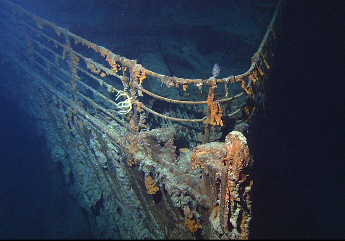 The bow of the wrecked RMS Titanic, photographed in June 2004.
