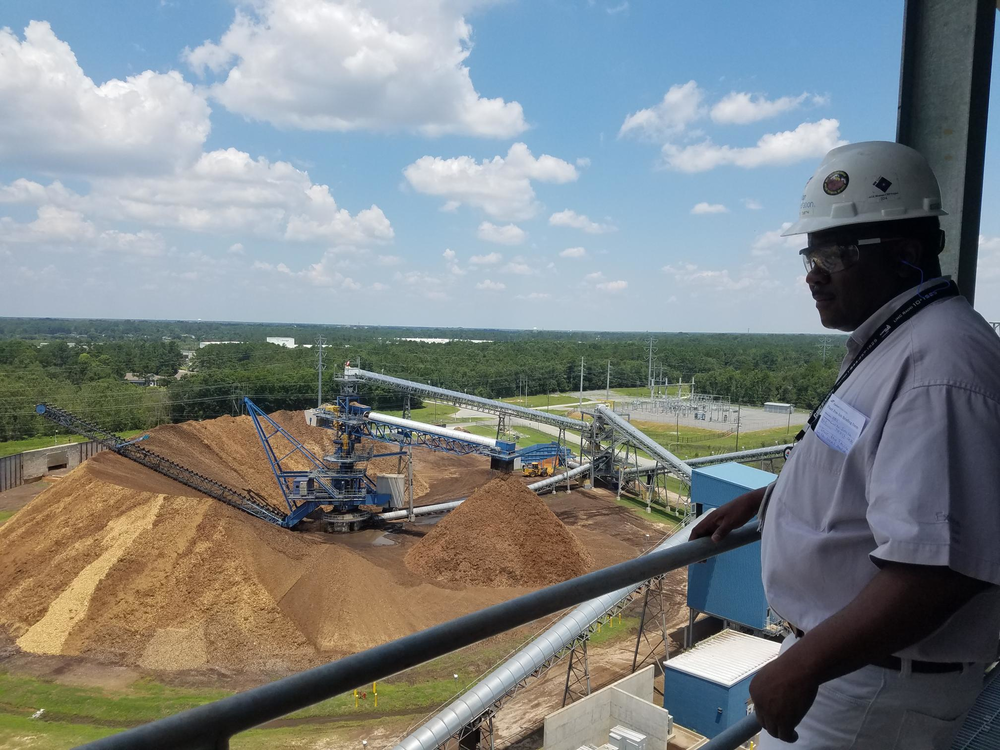 Albany Green Energy Maintenance Manager Curtis Smith looks out over the pile of chipped-up wood, known as biomass, that the plant will burn to make electricity.