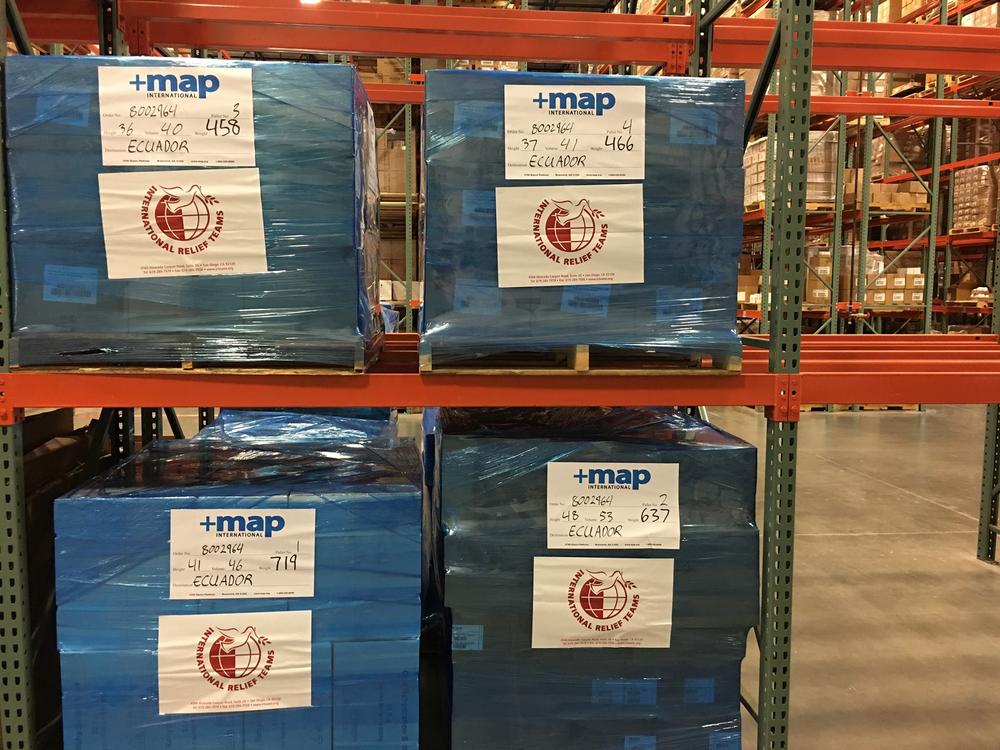 A shipment of medication provided by MAP International before it's sent to Ecuador to help victims of the earthquake.