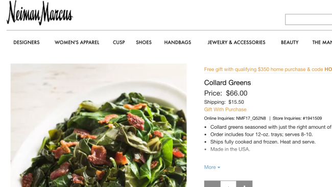 A screenshot of the listing for collard greens that Neiman Marcus is selling.