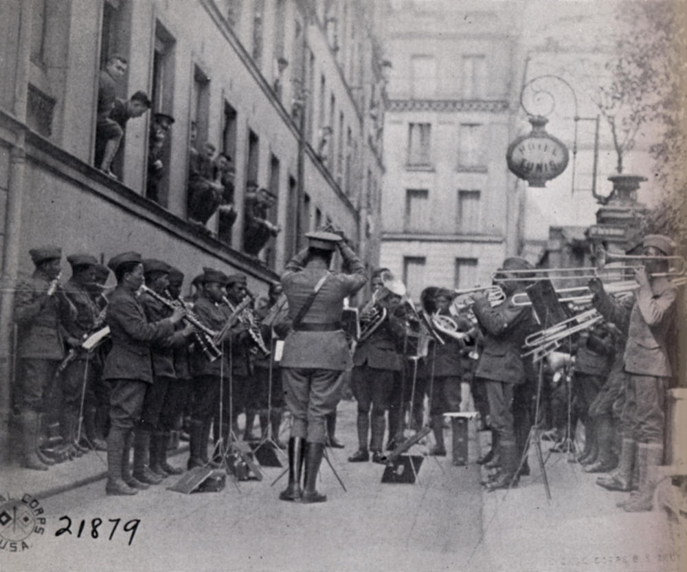 Soldier-musicians of the 369th Infantry Regimental Band perform fpr troops in France in an undated Army Signal Corps photo. The 369th Regimental Band is credited with introducing jazz to Europe during their performances.