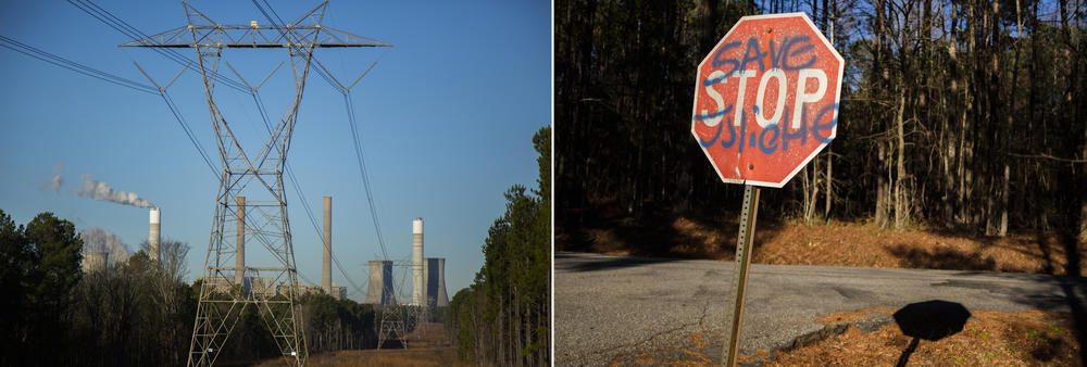 Georgia Power's Plant Scherer, left, and a graffitied sign not far from the plant in Juliette, right. 