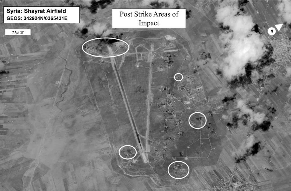 A damage assessment image of Shayrat air base in Syria, following U.S. Tomahawk Land Attack Missile strikes on April 7, 2017 from the USS Ross and USS Porter, Arleigh Burke-class guided-missile destroyers. 