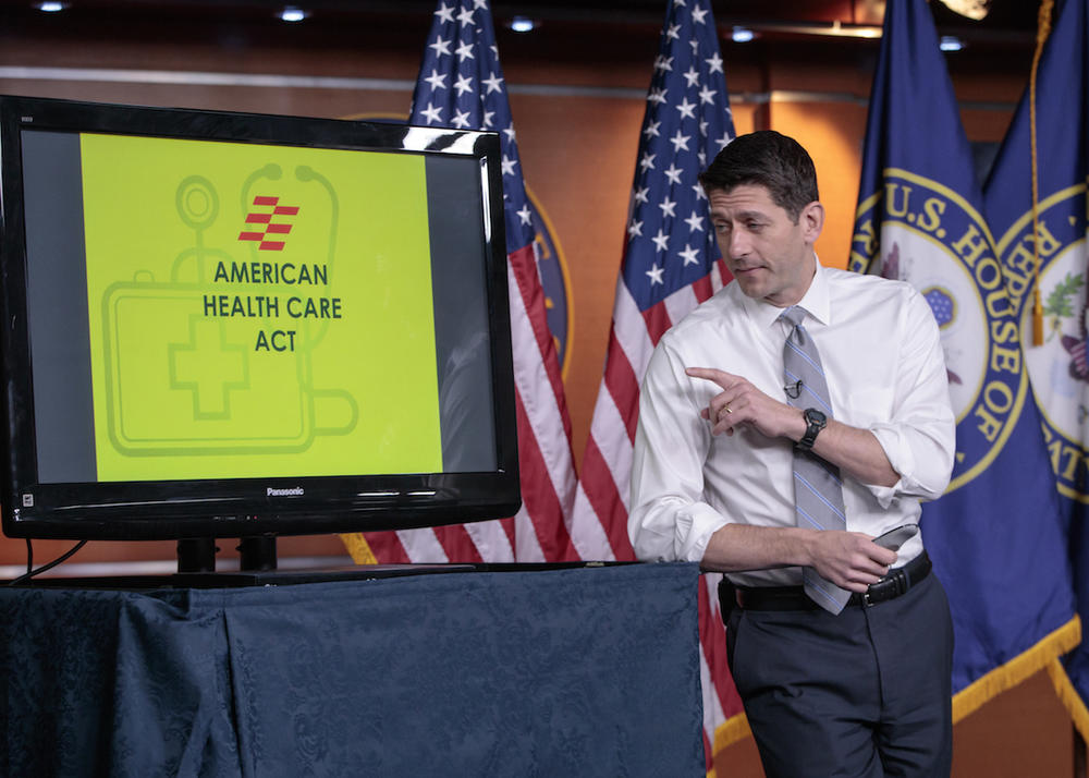 House Speaker Paul Ryan of Wis. uses charts and graphs to make his case for the GOP's long-awaited plan to repeal and replace the Affordable Care Act, Thursday, March 9, 2017, during a news conference on Capitol Hill in Washington.