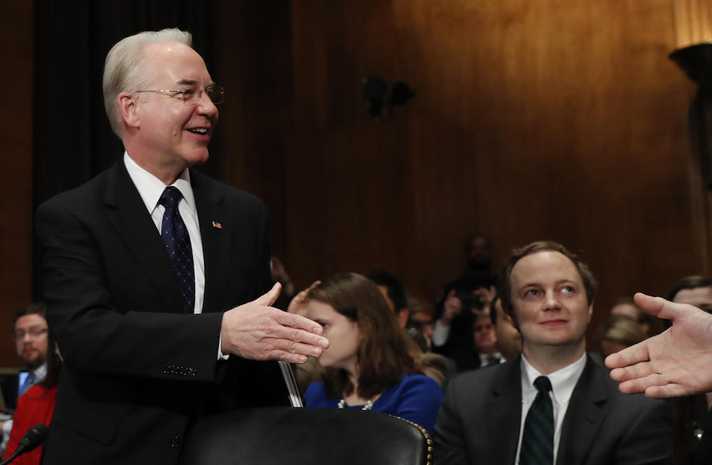 Health and Human Services Secretary-designate, Rep. Tom Price, R-Ga., left, is greeted on Capitol Hill in Washington, Wednesday, Jan. 18, 2017, prior to testifying his confirmation hearing before the Senate Health, Education, Labor and Pensions Committee.