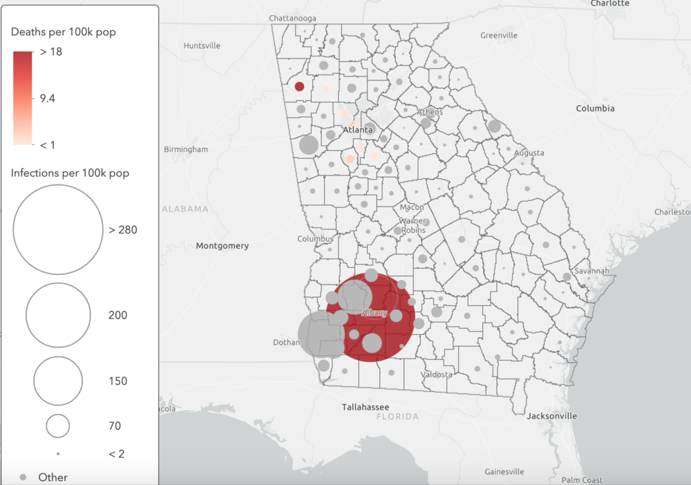Georgia coronavirus infections and deaths per 100,000 people. Data: Georgia DPH and U.S. Census Bureau.
