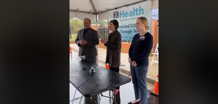 Augusta Health Vice President Dr. Philip Coule, CEO Katrina Keefer, and CIO Mallory Myers announced via livestream the opening of a new testing facility at Patriots Park.