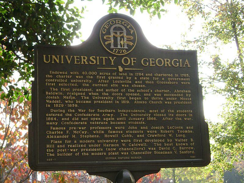The historical marker at the University of Georgia. Concealed handguns could soon be allowed here and on other public college and university campuses.