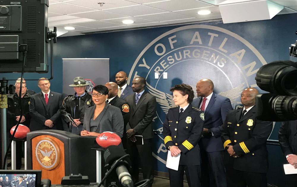 Atlanta Mayor Keisha Lance Bottoms is joined by Police chief Erika Shields and other law enforcement agency members to discuss public safety ahead of Super Bowl 53. 