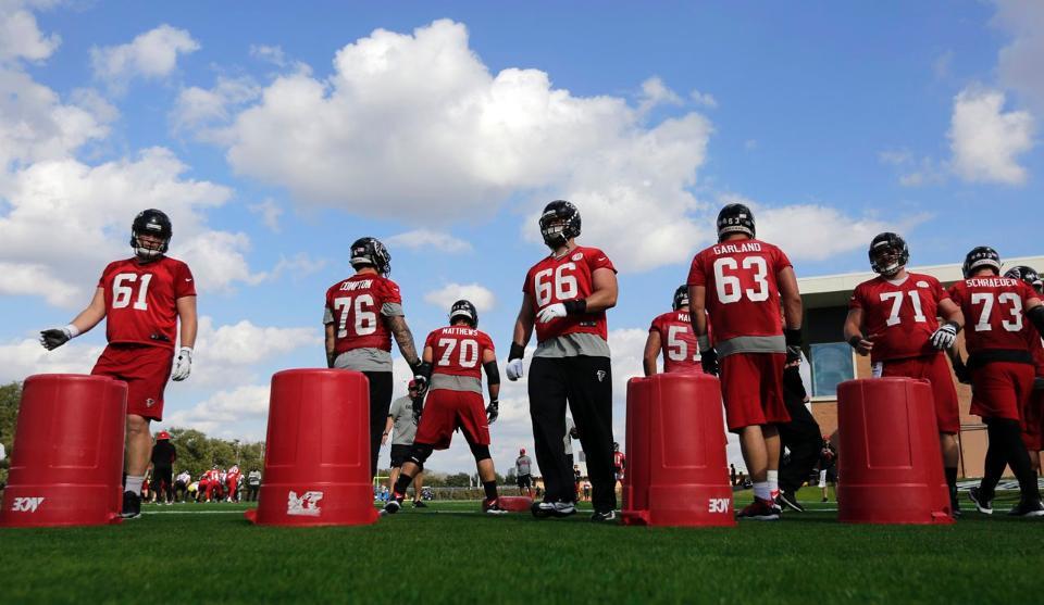 The Atlanta Falcons practice at Rice University in Houston as the team prepares to take on the New England Patriots in Super Bowl LI.