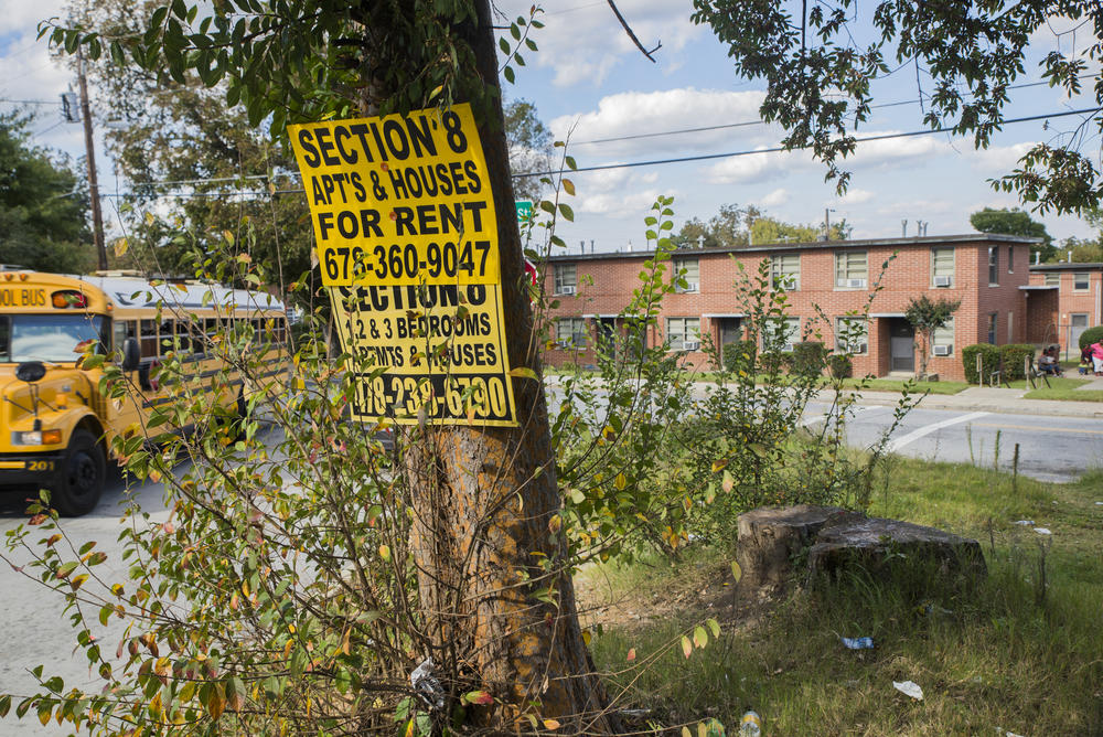 Yellow signs advertising Section 8 housing line the street between Tindall Heights and neighboring Felton Homes. 