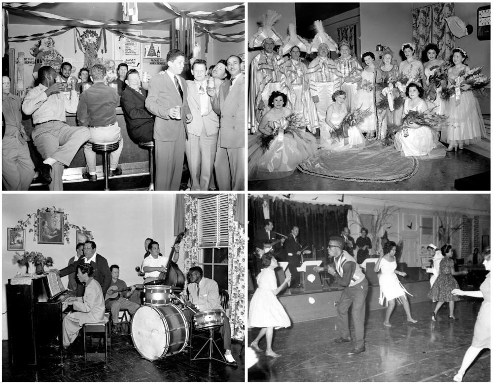 Patients at Carville were a diverse group — Black, white, Asian, Latino, rich and poor. Stigmatized because of their leprosy, they formed a tightknit community. Top left: a Christmas party, circa 1950. Top right: Patients dress as King Albert and Queen Victoria at a Mardi Gras bash in March 1954. Bottom left: A patient band rehearses in the 1950s. Bottom right: a patients' dance in the 1960s.