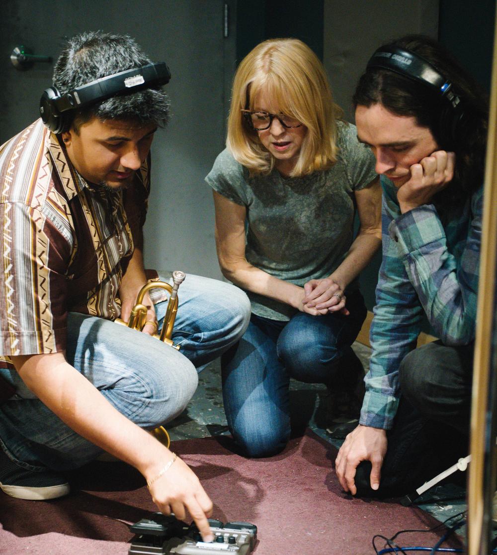 From left: Mike Rodriguez, Maria Schneider and Michael Lenssen in the studio during the making of <em>Data Lords</em>.