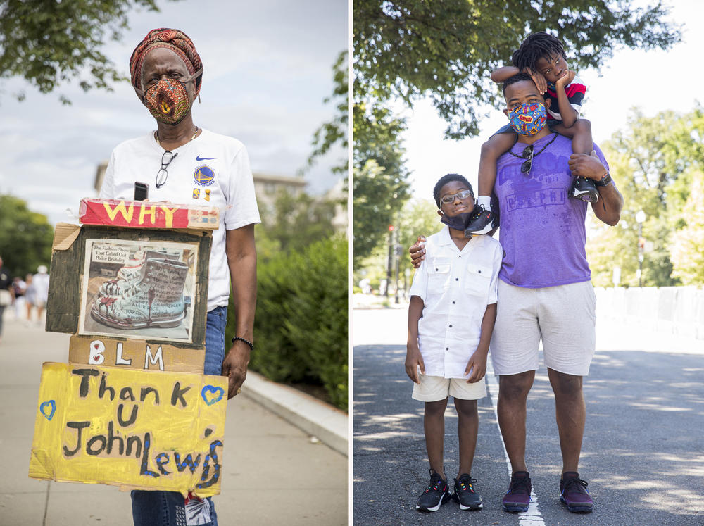 Right, Sheila Carr, of Washington, D.C. Left, Alphonso Harrell, recently moved to Richmond, Va. The children are Alphonso Harrell, 11, white shirt, and Jeremiah Harrell, 5, striped shirt on dad's shoulders.