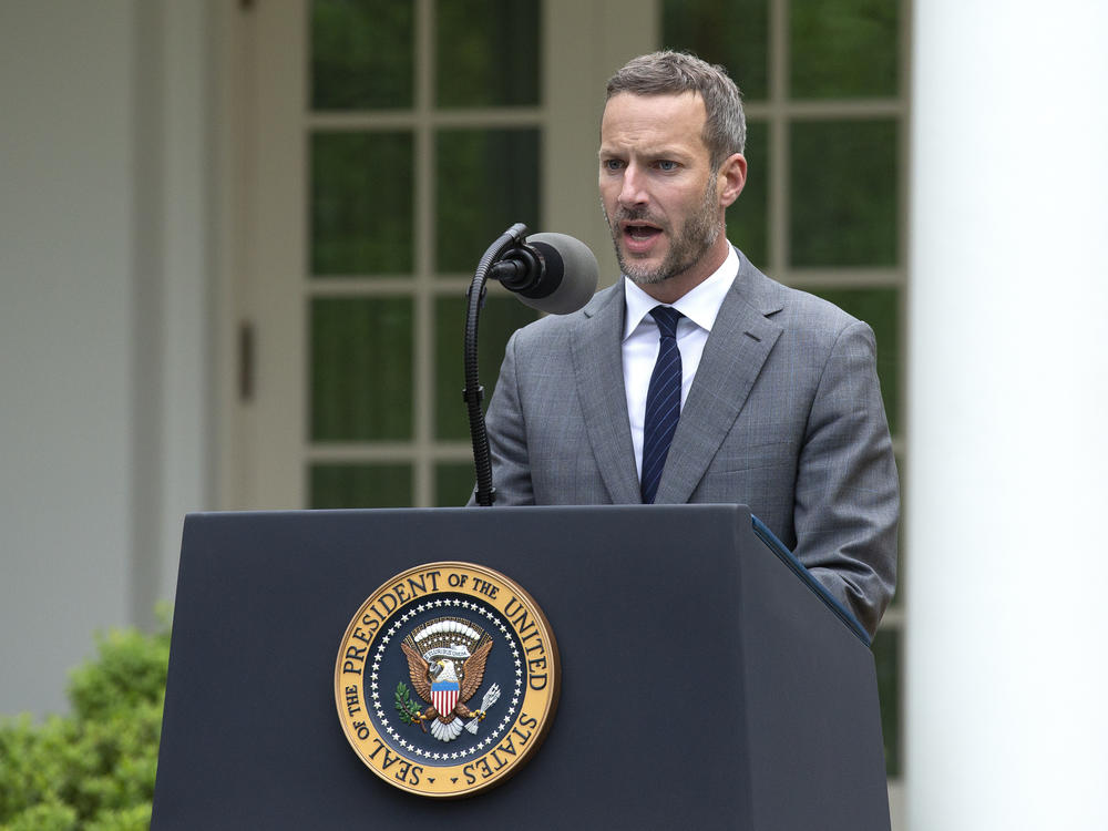 Adam Boehler, chief executive officer of U.S. International Development Finance Corporation (DFC), speaks at the White House in April.