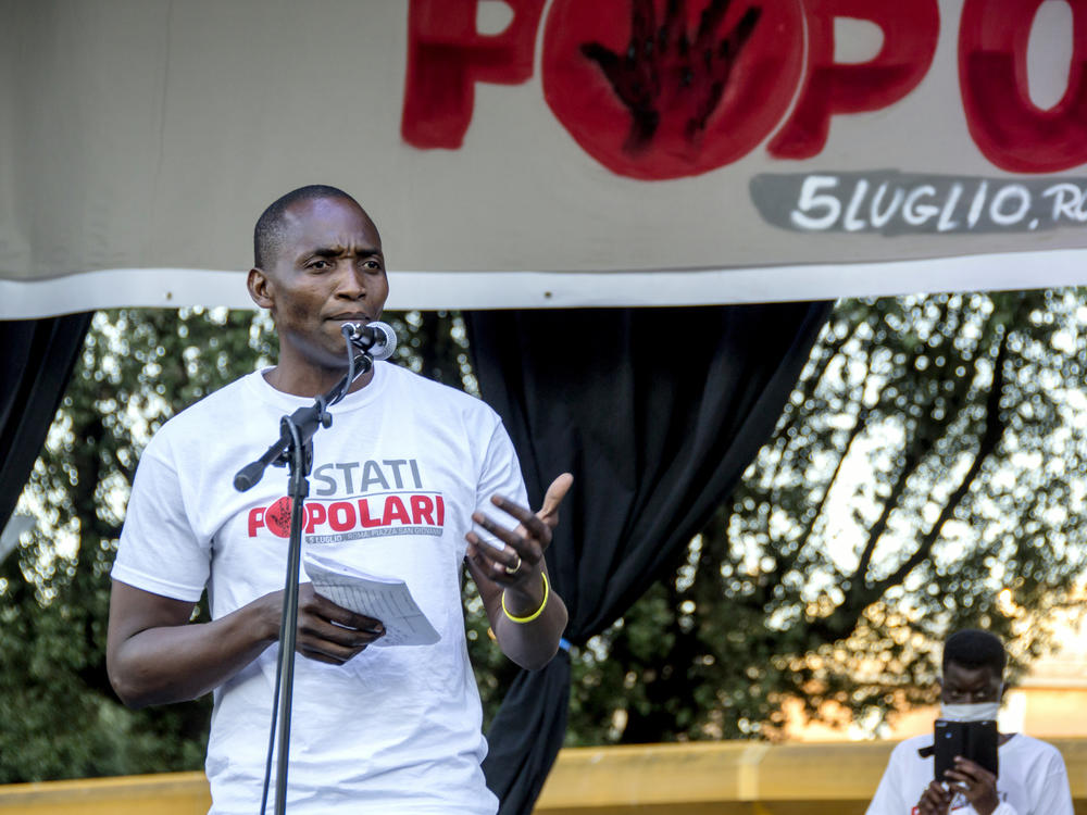 Aboubakar Soumahoro speaks at a protest in Rome last month. 