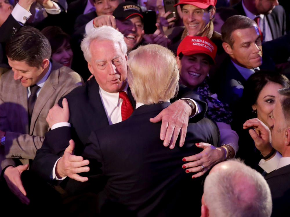 Donald Trump, then the president-elect, hugs his brother, Robert Trump, after delivering his acceptance speech at the New York Hilton Midtown in the early morning hours of Nov. 9, 2016, in New York City.