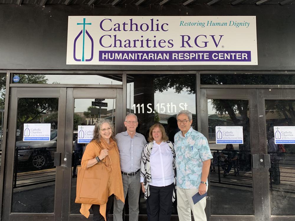 AAP Immigrant Health Special Interest Group Co-Chair Dr. Marsha Griffin, Texas Pediatric Society Vice President Dr. Mark Ward, Dr. Goza and AAP President Dr. Kyle Yasuda outside Catholic Charities' Humanitarian Respite Center in McAllen, TX.