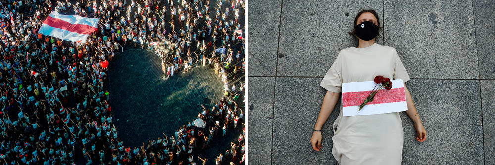 Protests in support of Belarus' opposition have taken place in other European countries. Left: People form a heart as they take part in a demonstration in support of Belarus protests on Aug. 16, in Prague, Czech Republic. Right: A protester participates in a 