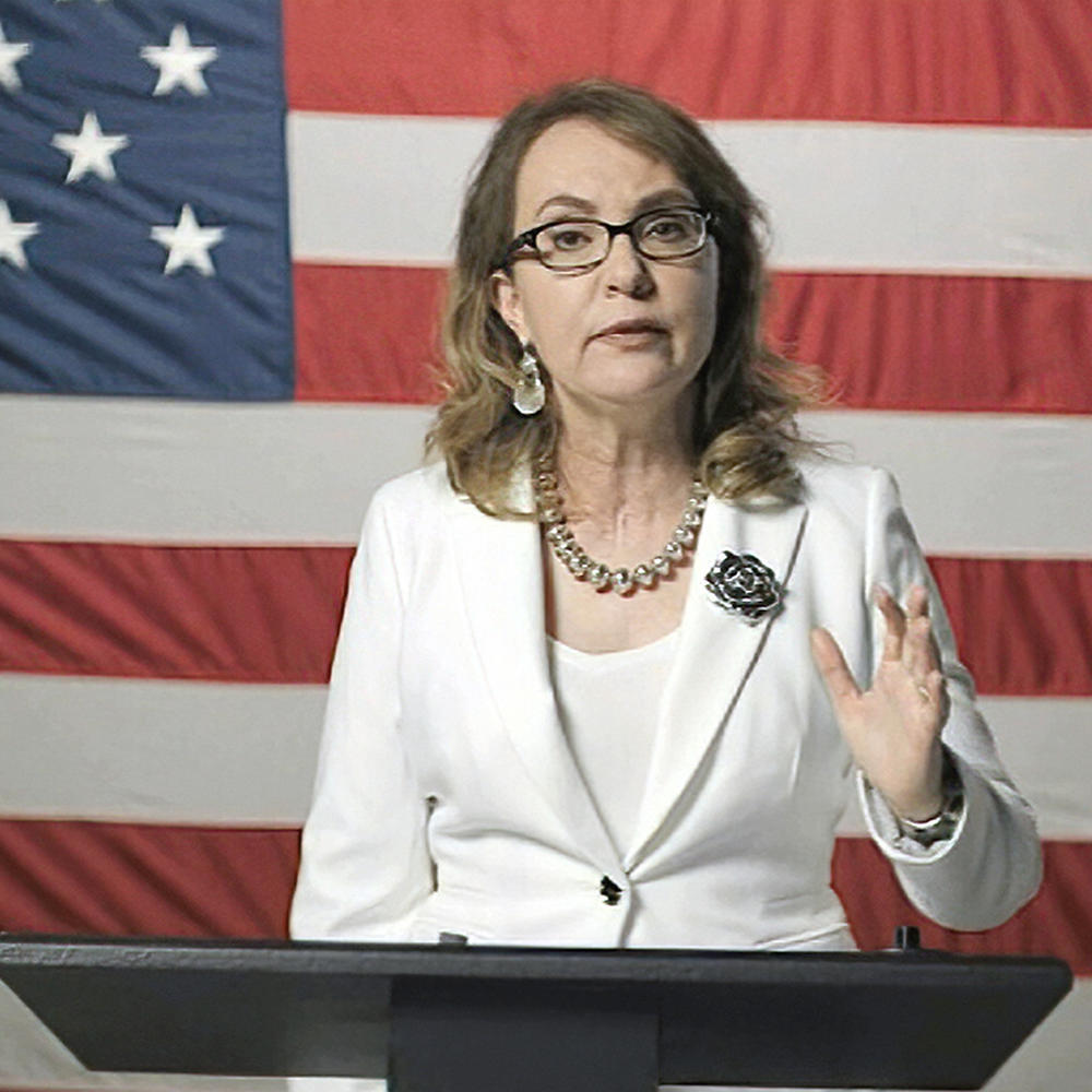 In this image from video, former Rep. Gabby Giffords, D-Ariz., speaks during Night 3, recounting Joe Biden's support for her after a mass shooting.
