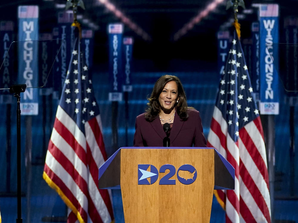 Democratic vice presidential candidate Sen. Kamala Harris, D-Calif., speaks in Wilmington, Del., during Night 3 of the Democratic National Convention. She spoke about her upbringing and her family and her background as a prosecutor.