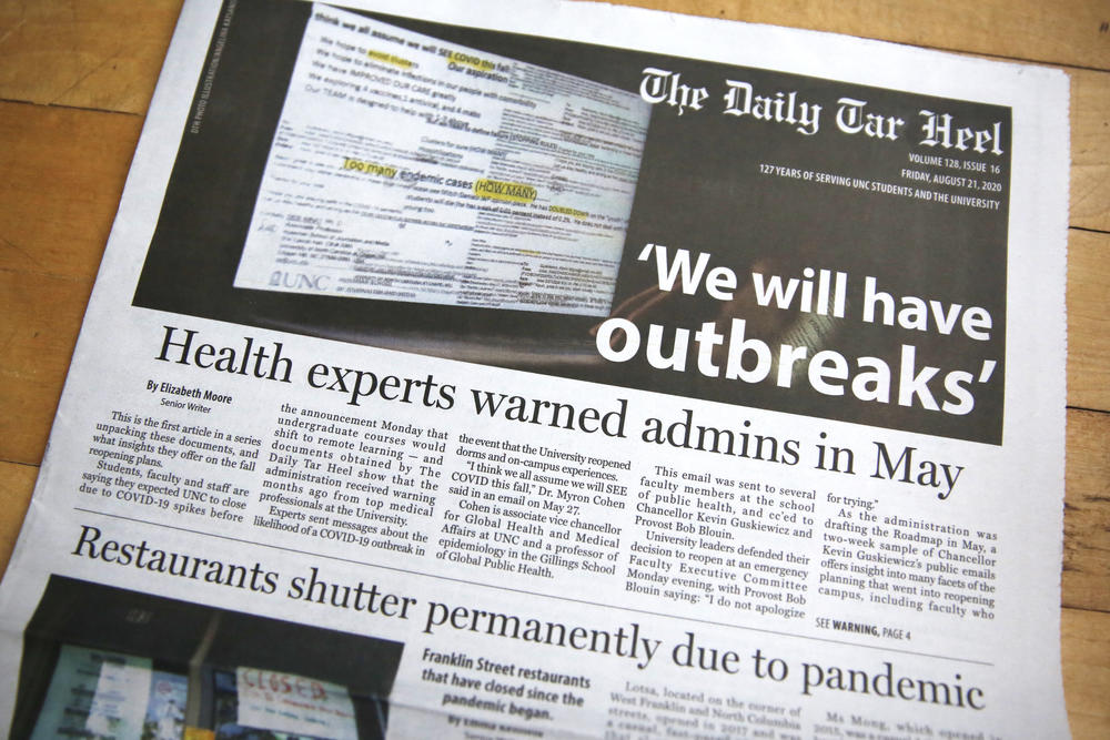 The Friday, Aug. 21, edition of <em>The Daily Tar Heel.</em> The student-run newspaper broke the news of UNC's first coronavirus clusters.