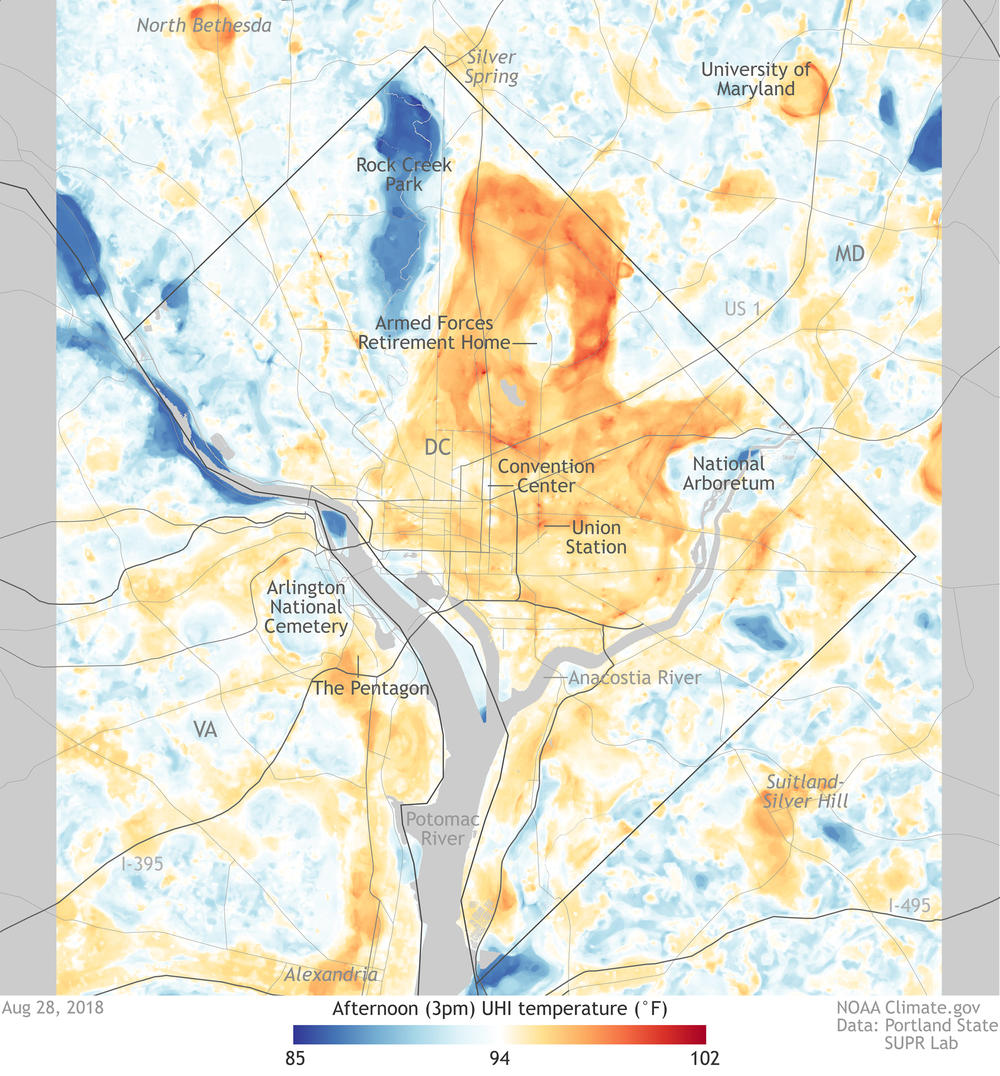 This heat map of Washington, D.C., used data collected by community science volunteers on Aug. 28, 2018. The temperature across neighborhoods ranged from 85 degrees Fahrenheit to 102.