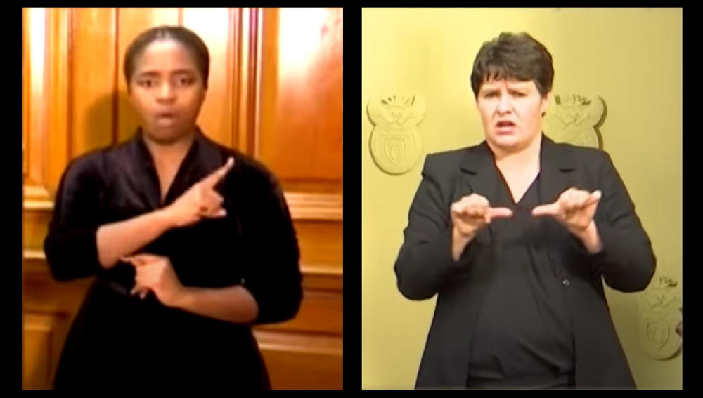 Andiswa Gebashe, left, and Nicoline Du Toit are the sign language interpreters for South African President Cyril Ramaphosa's pandemic briefings — and have become unlikely celebrities.