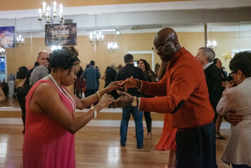 Raymonde and Marc Elian attend a dance class party for students of the Arthur Murray Dance Studio in February 2019. In March 2020 classes were postponed because of the pandemic.