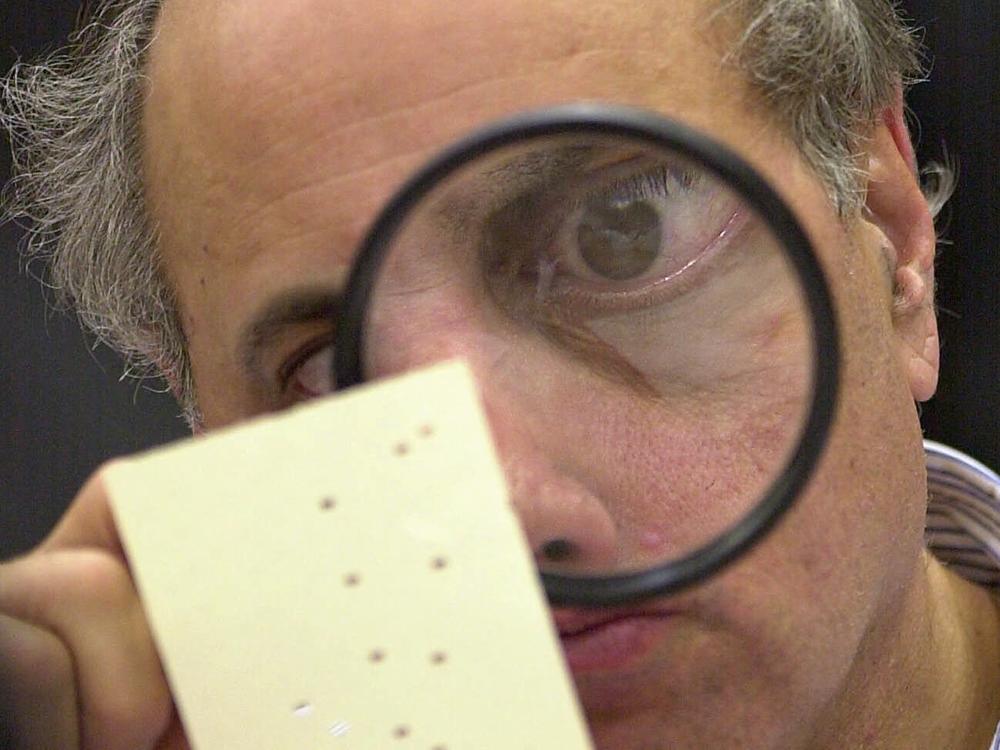 Broward County, Fla., canvassing board member Judge Robert Rosenberg uses a magnifying glass to examine a disputed ballot on Nov. 24, 2000.