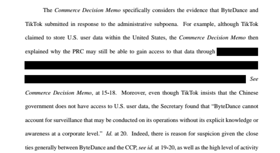 The Justice Department response to TikTok's lawsuit, which seeks a preliminary injunction to block Trump's ban from taking effect, includes redacted documents.