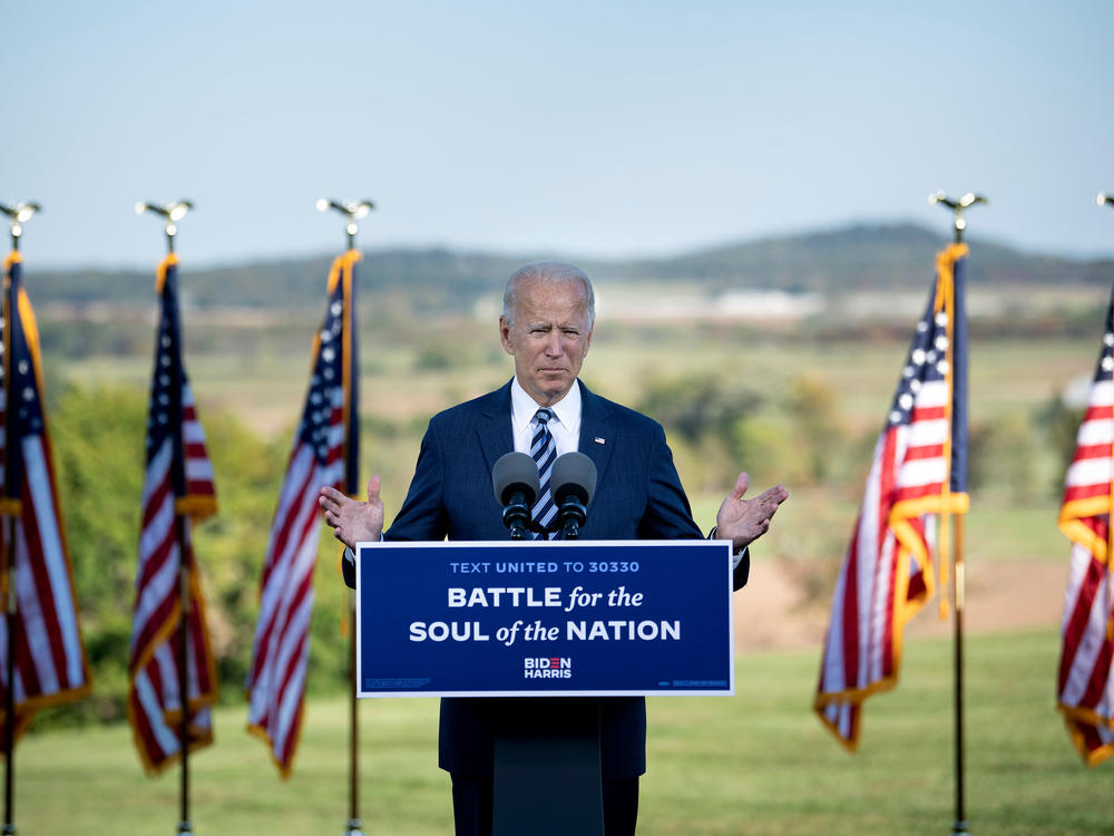 Democratic presidential nominee Joe Biden speaks Tuesday at the Lodges in Gettysburg, Pa.
