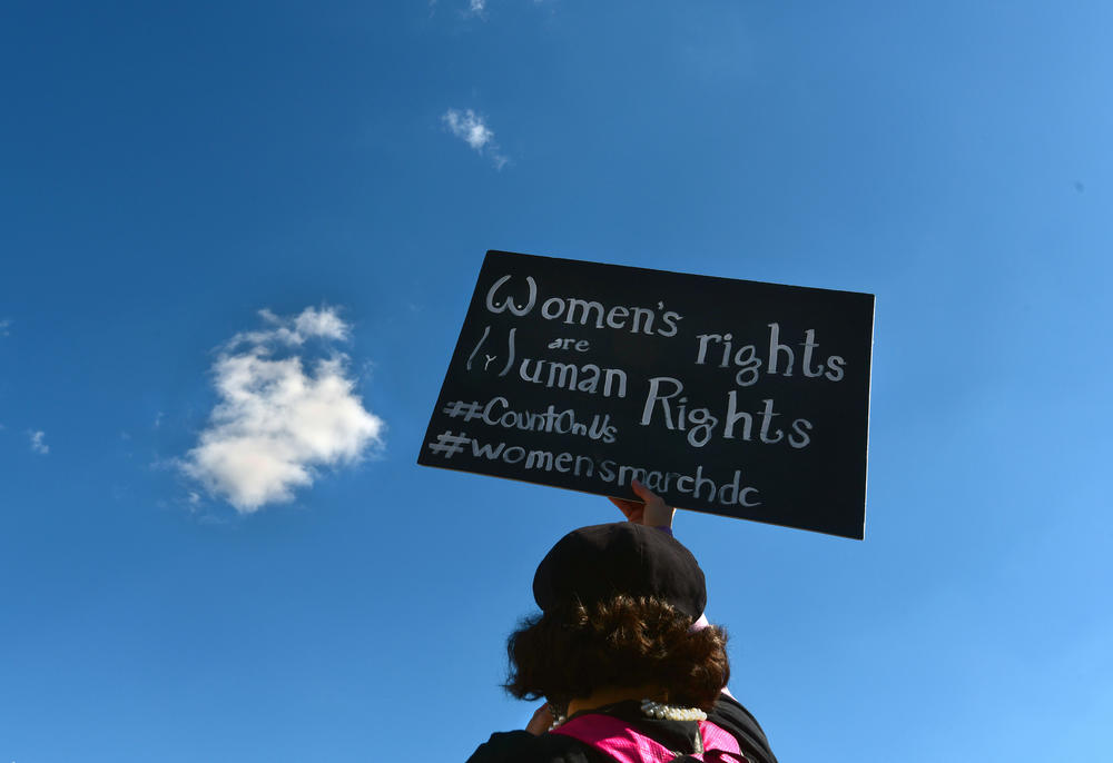A demonstrator holds a sign saying Women's Rights Are Human Rights.