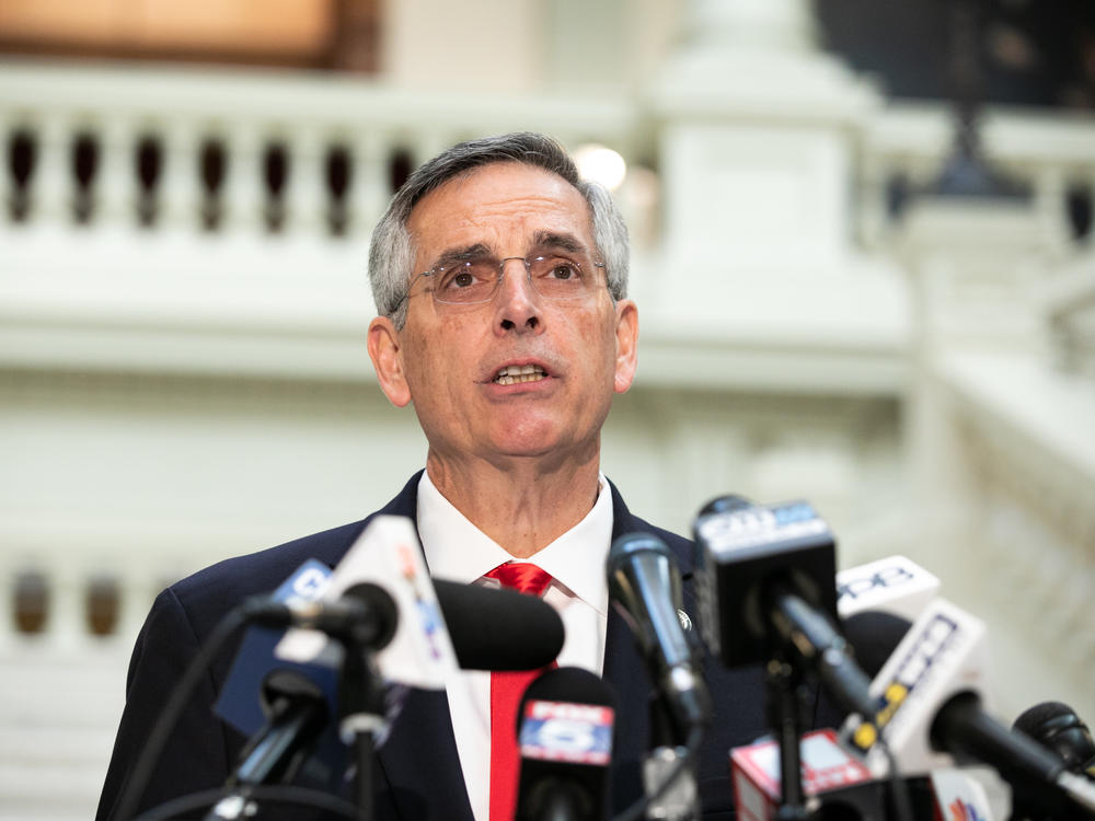 Georgia Secretary of State Ben Raffensperger holds a press conference on the status of ballot counting in Atlanta on Friday.