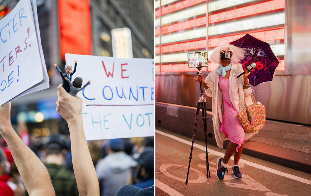 <strong>NEW YORK CITY:</strong> Left photo: People celebrate Joe Biden's presidential election win in Times Square. Right photo: Kanene Holder, creator of 