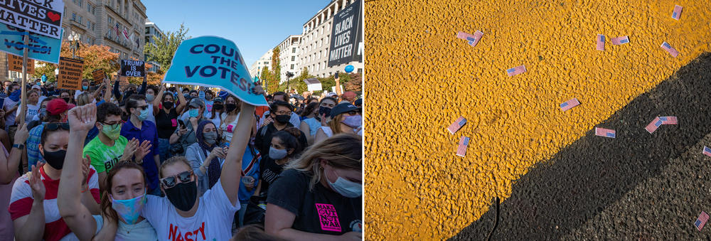 <strong>WASHINGTON D.C.</strong>: Left photo: people celebrate Joe Biden's win. Right photo: Small American flag seen on the ground of Black Lives Matter Plaza.