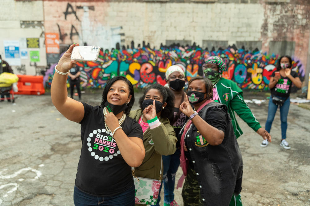 <strong>ATLANTA:</strong> Members of Alpha Kappa Alpha Sorority celebrate the announcement of Vice President-elect Kamala Harris, who is also a member of the sorority.