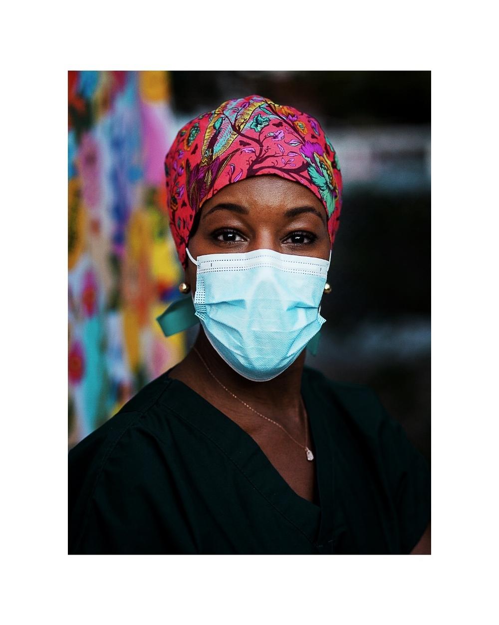 The photo from Karene Jean-Baptiste's project, Faces of Black Women in Health Care, is called Self-Portrait Done During The Pandemic.