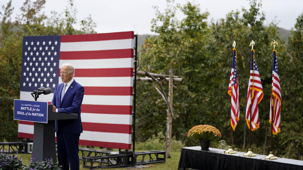 Former Vice President Joe Biden speaks at Mountain Top Inn & Resort in Warm Springs, Ga., on Oct. 27, 2020. Warm Springs had been the health retreat for President Franklin Delano Roosevelt. 
