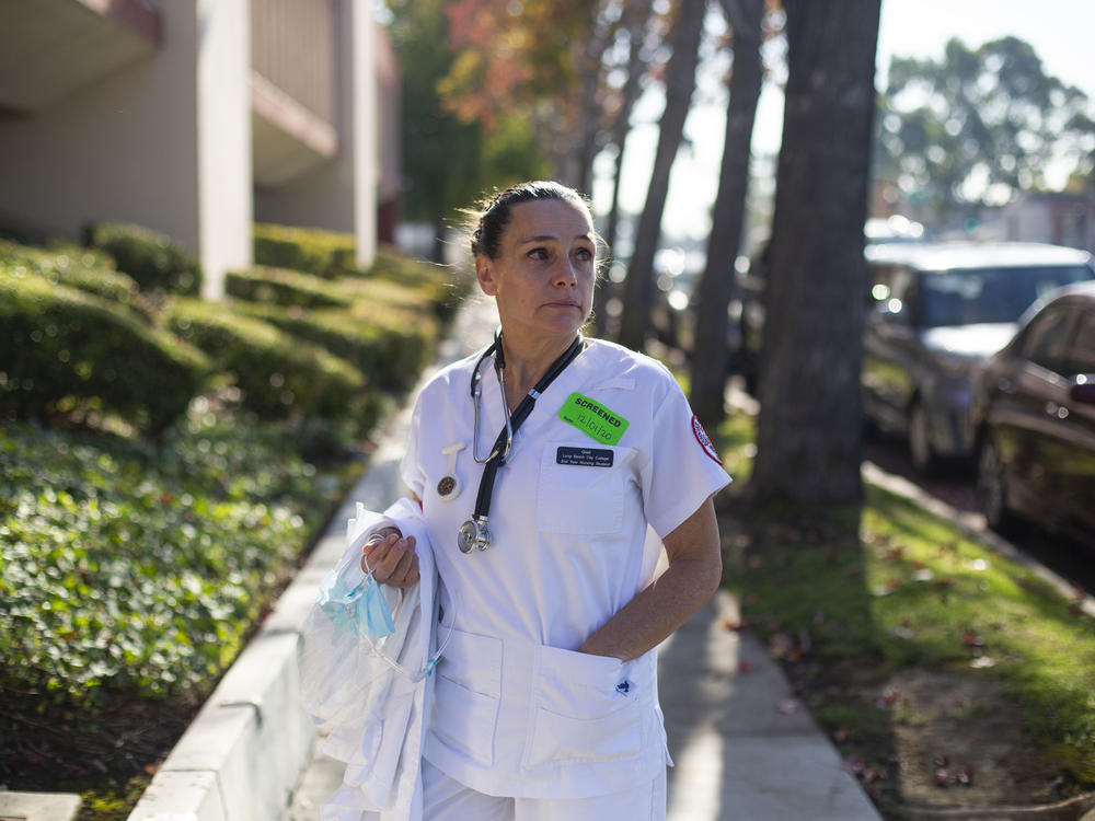 Student nurse Gail Powers outside the College Medical Center in Long Beach, Calif.